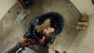 Svenja sucks huge cock in shiny down jacket