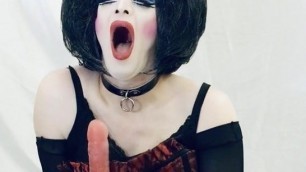 Heavy Makeup Painted Fuck Toy fucks and sucks big dildos